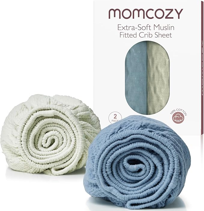 Momcozy Muslin Mini Crib Sheets Fitted - 38''x26'' Pack and Play Sheets for Pack N Play Mattress, 2 Pack Soft & Breathable Natural Cotton Non Slip Bed Cover for Boys, Girls, Grey Blue