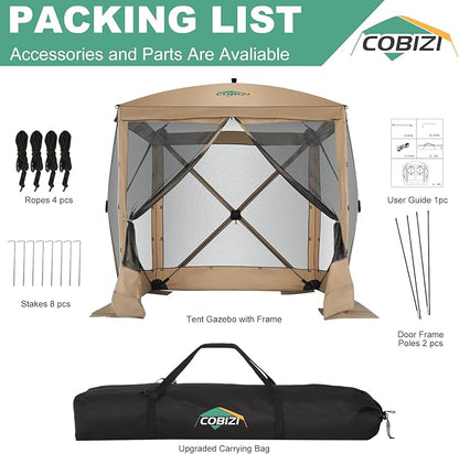 COBIZI 6x6 Pop up Gazebo Tent, Ez up Waterproof Screen Tent Screen House, Portable Outdoor Canopy Sun Shelter with Carry Bag & Ground Stakes for Camping, Garden and Picnics, Khaki(Upgraded 2.0)