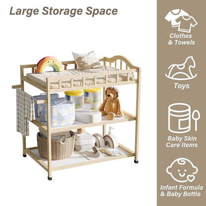 Paintless Pine Wood Baby Changing Table with Storage Shelves, Portable Nursery Diaper Changing Station for Infants, Children's Room, Bedroom, Nursery Changing & Dressing Furniture,Natural