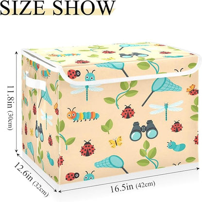 Dragonfly Caterpillar Butterfly Net Storage Bins with LidsBinoculars Leaves Bug Foldable Storage Basket with Handles Collapsible Large Fabric Organizer Containers for Clothes Shelves Closet Off