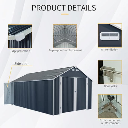12x20 FT Outdoor Storage Shed,Metal Shed W/ 2 Lockable Hinged Doors & 4 Air Vents,Weatherproof Garden Garage Shelter W/Sloped Roof,for Backyard,Lawn,Car,Black