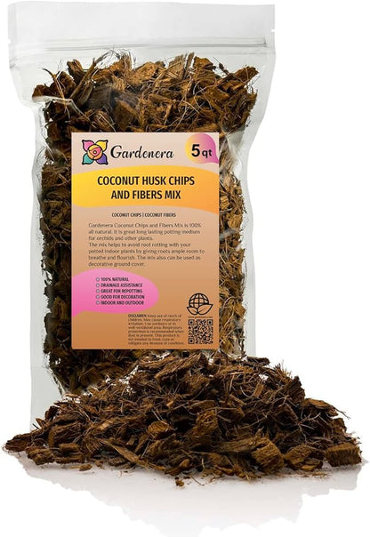 Premium Coconut Husk Chips and Fibers Mix for Orchids, Houseplant, Monstera and Fiddle Leaf Fig by GARDENERA (5 Quart Bag)