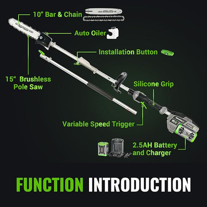 15-FT Cordless Pole Saw 60V Electric Power PoleSaw for Tree Trimming With Pole 10" Cutting Power Max Reach 2.5AH Battery