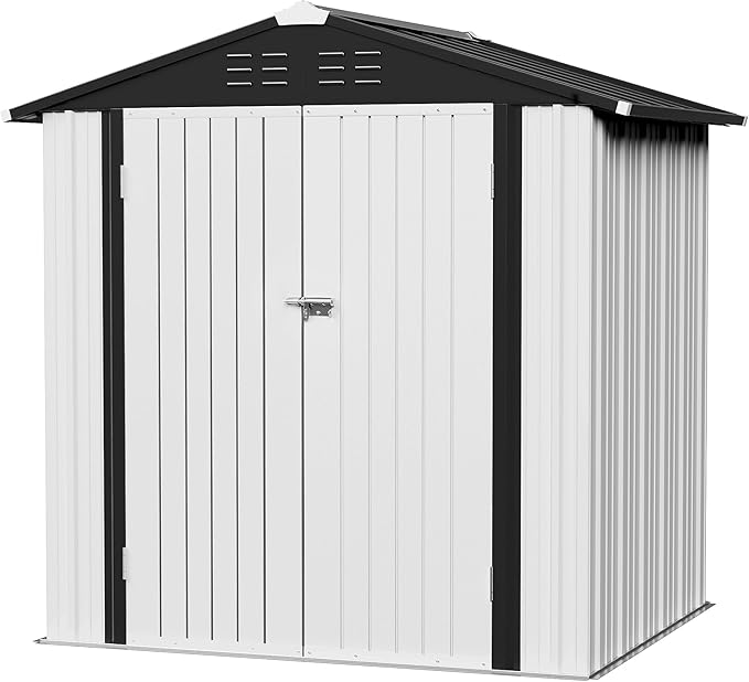 JUMMICO Metal Outdoor Storage Shed 6 x 4 FT Metal Shed with Lockable Door,Waterproof Garden Tool Shed Storage House for Backyard Patio Lawn,White