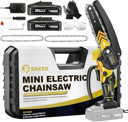 Saker Mini Chainsaw,6 Inch Portable Electric Chainsaw Cordless, Small Handheld Chain saw for Tree Branches,Courtyard, Household and Garden (SK1806D-Y)