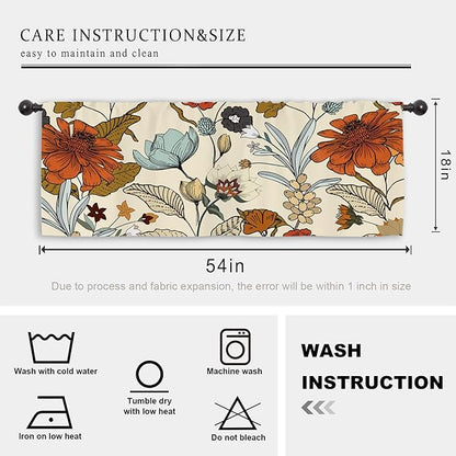 Miyotaa Vintage Flower Kitchen Curtain Valance 54W x 18H Rod Pocket Retro Burnt Orange Blossom Botanical Autumn Fall Window Treatment for Living Room Bedroom Bathroom