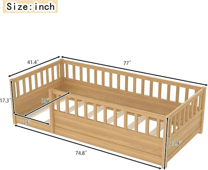 Bellemave Kids Montessori Floor Bed,Twin Size Floor Bed with High Fence and Door,Twin Bed Frame with Guardrails for Kids,Girls,Boys,Twin,Natural
