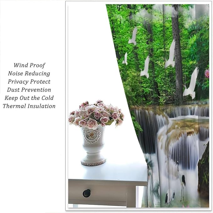 Nature Blackout Curtain, Waterfall Landscape Forest Swan Fish Pattern Rod Pocket Window Drapes, for Bedroom Living Room 42" W X 63" L