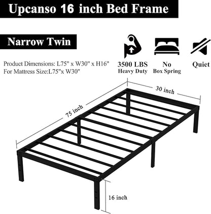 16 Inch Narrow Twin Bed Frame 30x75 No Box Spring Needed, Metal Platform 75x30 Narrow Twin Bed Frames, Eassy Assembly 3,500 lbs Heavy Duty Bedframes, Black