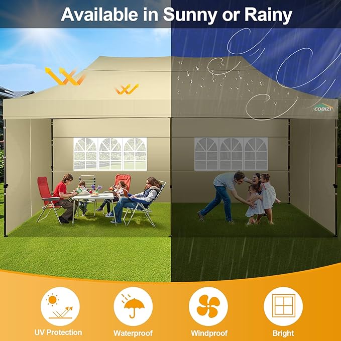 COBIZI 10x20 Pop up Canopy Tent 10x20 Canopy with 6 Sidewalls Waterproof Heavy Duty Gazebo Commercial Canopy Tent for Parties Outdoor Gazebo, Carry Bag with Wheel(10x20ft, Khaki)