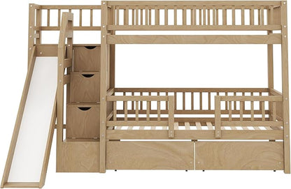 Twin Over Twin Bunk Bed with Storage Staircase, Solid Wood Bunk Bed Frame with Slide and 2 Drawers for Kids Teens Adult Bedroom, No Box Spring Needed (Walnut/63r)