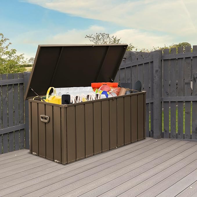 Domi Outdoor Storage Deck Box 120 Gallon, Waterproof Lockable Steel Outdoor Storage Container for Outside Cushions, Garden Tools and Pools Equipment, (Brown)