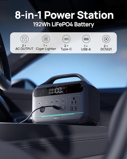 DaranEner Portable Power Station 300W (600W Surge), 192Wh Solar Generator LiFeP04 Battery with 2 AC Outlets, 60W PD Fast Charging Power Bank for Home Use, Outdoors Camping, Emergency, RVs, Outage
