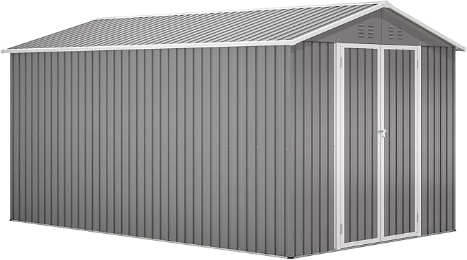 8×12 FT Storage Shed with 1 Lockable Door and Vents,Metal Aluminum Waterproof Tool Sheds,Heavy-Duty Sheds Unit W/Floor Frame,Lock & Key,Garden Shed for Storing Bicycles,Barbeques,Gray