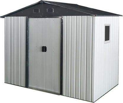 Ball & Cast 8x4FT Outdoor Storage Shed,Large Metal Tool Sheds with Window and Foundation,Garden Tool House W/Tilted Roof & Lockable Door,for Backyard Garden Patio Lawn,White+Black