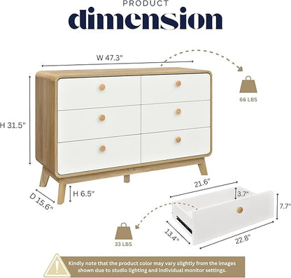 ELISA HOME Aries 6 Drawer Dresser for Bedroom, 47.3″ W Perfect for organizing Clothes, linens, or Accessories., Ideal for The Bedroom, Hallway, Nursery, or Living Room, Oak/White