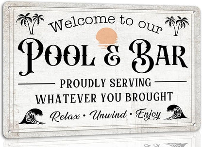 Welcome to Our Pool and Bar Metal Tin Sign Pool Accessories Decor Outdoor Vintage Metal Tin Signs Farmhouse Part Patio Porch Home Wall Decorations 8x12 Inch
