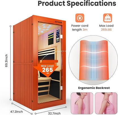 Infrared Sauna 1495W Wooden Saunas Spa Room Pacific Clear Cedar Wood Single Person Indoor Saunas with Special Shaped Comfortable Backrest 32.68 * 47.24 * 69.29 Inch
