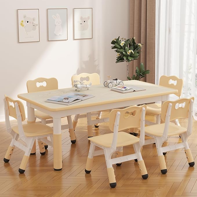 GAOMON Kids Table and 6 Chairs Set, Height Adjustable Toddler Table and Chairs Set for Ages 2-10, Graffiti Desktop, Non-Slip Legs, Children Activity Table for Daycare Classroom Home