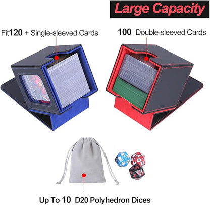 AFIING MTG Deck Box for Commander Display,Card Deck Box Fits 100 Double Sleeved Cards, Magic Commander TCG Storage Box with 2 Dividers,Drawstring Bag and 1 Toploader(Black/Blue)