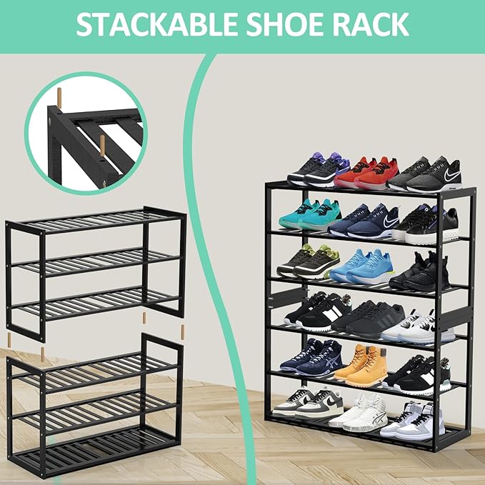 Bamboo Shoe Rack for Entryway, Stackable 3 Tier Shoe Organizer Shelf Storage 9-12 Pairs Shoes Stand Cubby for Closet Door Hallway Bedroom Garage Black, Thanksgiving