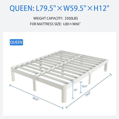 White Bed Frame Queen Size 12 Inch, Metal Queen Bed Frame No Box Spring Needed, Heavy Duty Steel Support 3500 LBS, DIY Headboard, Noiseless, Round Corner Legs, Storage Space, Easy Assembly