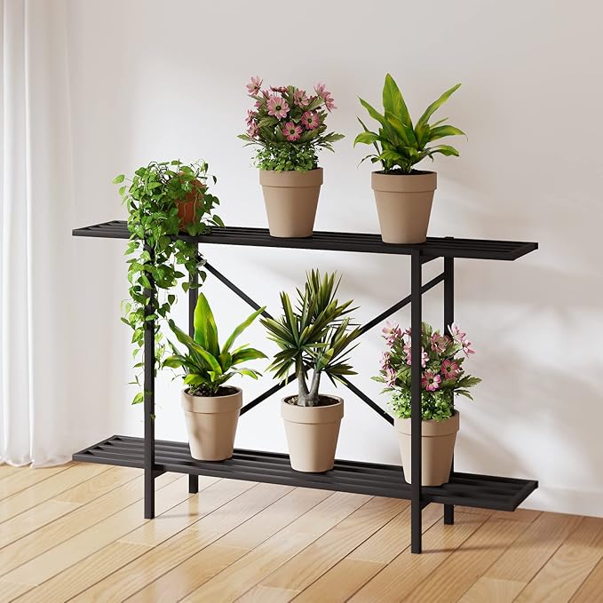 Zhongma 2 Tier Metal Sturdy Heavy Plant Stand, Narrow Plant Stand Indoor and Outdoor, L45.67 x W10.3 x H27.5 inch, 440 LBS Capacity & Heavy Duty Construction. …