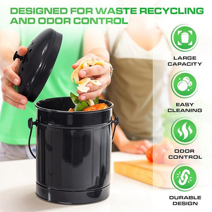 Plexon Countertop Compost Bin Kitchen Indoor with Lid, Black 1.5 Gallon Odorless Kitchen Container, Steel Food Compost Bucket with Charcoal Filter, Compost Pail for Countertop