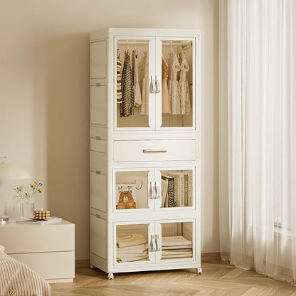 Large Portable Kids Closet Children's Armoire Adults Clothes Wardrobe Closet with Drawers and Doors, Collapsible Baby Costume Storage Organizer Kids Dress Up Storage Cabinet with Hanging