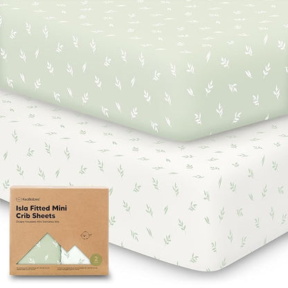 Pack and Play Sheets Fitted - 2-Pack Mini Crib Sheets for Pack N Play Mattress 38x26, Soft & Cozy, Neutral Toddler Playard Bedding, Snug Fitted Mini Baby Crib Mattress Cover Boy, Girl (Herb)