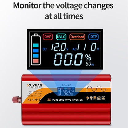 1500W Pure Sine Wave Inverter (3000W Peak), 12V/24V Auto-Detect, 50Hz/60Hz Switchable, LCD Display, Type-C Fast Charging, Silent Design, Overload & Overheat Protection for RV, Home (RED-1500W)