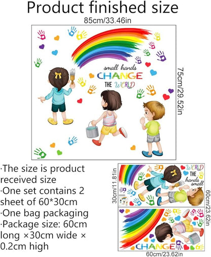 Inspirational Quote Small Hands Change The World Wall Decals Rainbow Handprints Wall Stickers for School Classroom Kids Room Nursery Playroom Library Wall Decor