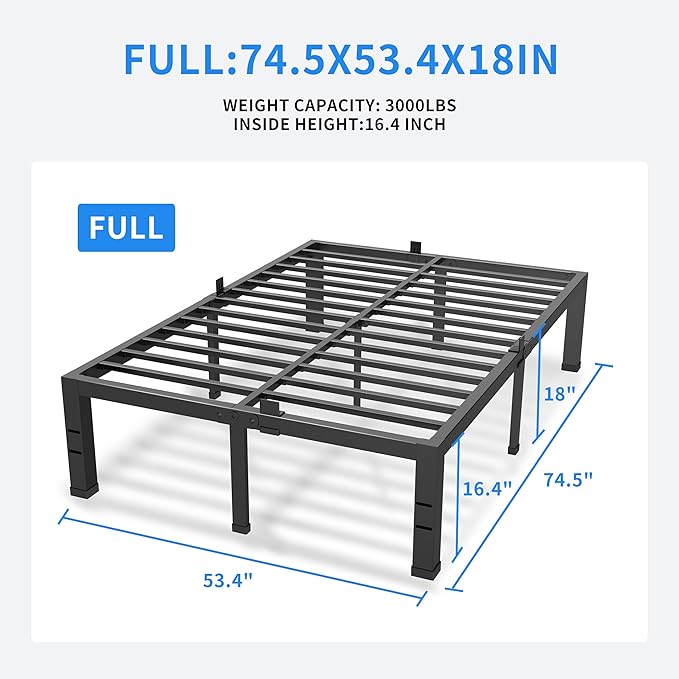 MAF 18 Inch Full Size Bed Frame No Box Spring Needed, Full Bed Frame Metal Heavy Duty Metal Platform Bed Frames Black Steel Slats Support Under-Bed Storage Space