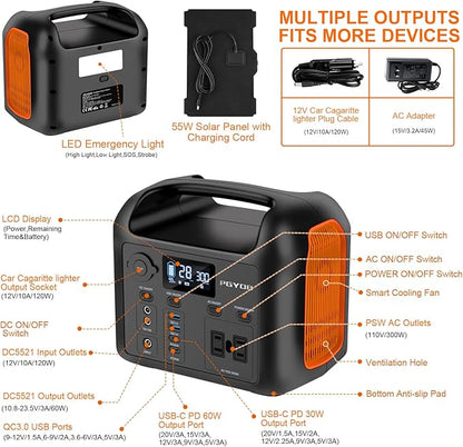 Portable Power Station with 55W Solar Panel, 299Wh LiFePO4 Backup Battery 300W Pure Sine Wave AC (600W Peak) Car Outlets PD 60W QC3.0 Solar Generator Power Bank for Camping, Emergency, CPAP