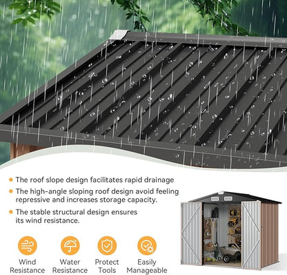 Aoxun 6x3.9 FT Shed Metal Outdoor Storage Shed Garden Shed with Lockable Doors Tool Shed Bike Shed for Backyard, Patio, Poolside (Brown)