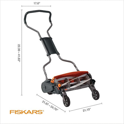 Fiskars Push Mower, Cut Width Manual Reel Mower with No Motor, Eco-Friendly Manual Reel Lawn Care, 18", Black