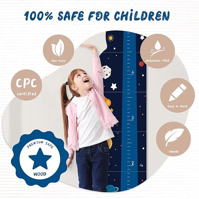 Personalized Name Rocket Wood Growth Chart for Kids – Wall Height Measurement Ruler, Toddler Playroom Decor 63" x 15.3"