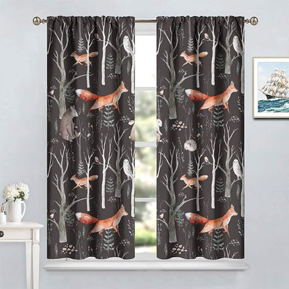 Rustic Forest Curtain, Woodland Country Hunting Animal Deer Fox Wildlife Bear Farmhouse Lodge Cabin Blackout Rod Pocket Windows Door Curtain for Bedroom Living Room Home Decor 72x63in