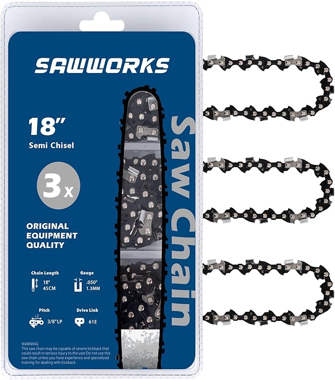 3-Pack 18 Inch Chainsaw Chain, 3/8" LP Pitch .050" Gauge 61 Drive Links Fits 63PM3-61 Stihl MS211, MS211C, 3636-005-0061 and More