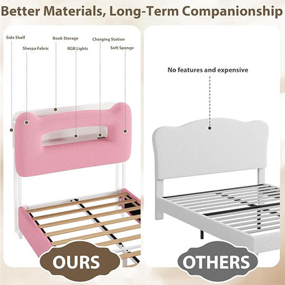 GarveeHome LED Twin Bed Frame with 2-Tier Storage Headboard, Upholstered Platform Bed with Charging Station and Drawer for Kids/Girls/Boys, Heavy Duty Metal Support, No Box Spring Needed, Pink