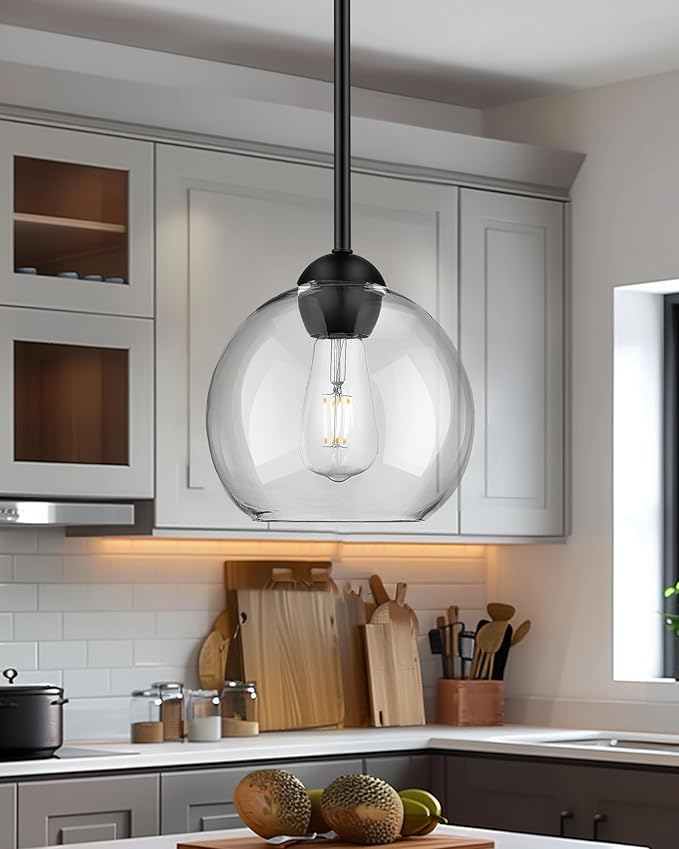 Emak 8 Inch Globe Pendant Lights Kitchen Island, Modern Black Pendant Light