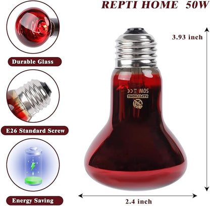 Reptile Heat Lamp,50W Red Basking Spot Lamp Bulb for Chickens Amphibians, Infrared Heat Emitter Light for Coop