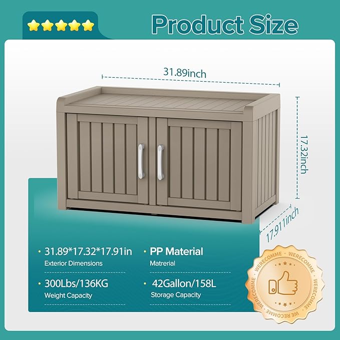 ROJIK Shoe Cabinet Waterproof UV-Resistant,Storage Bench Indoor Outdoor with Adjustable Shelves,for Entryway Bedroom,Hallway,Living Room(Double Door,Grey)