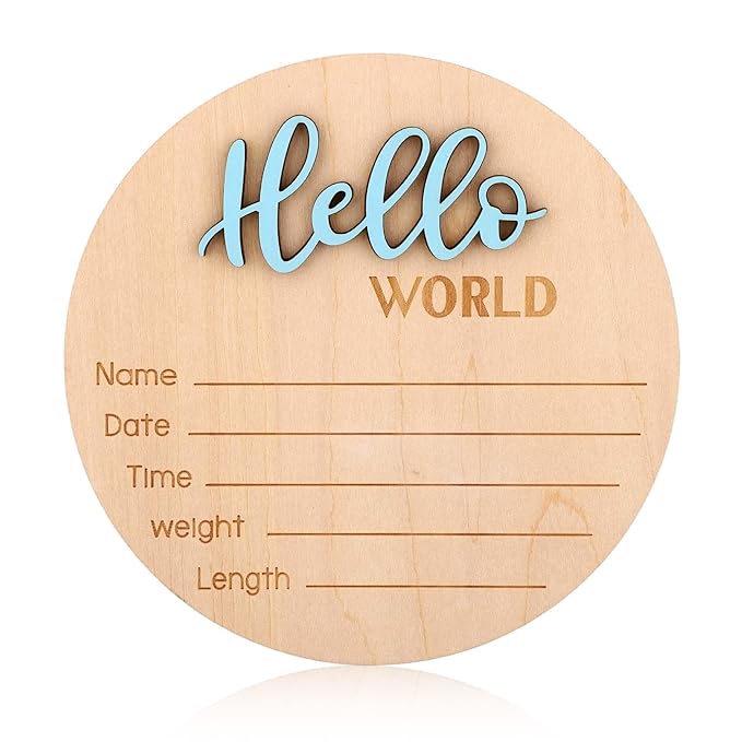 Newborn Announcement Sign, 15cm/5.9in Wooden Hello World Newborn Sign Birth Baby Name Plaques for Boys and Girls Baby Shower Photo Props or Hospital Nursery Decor (Blue)