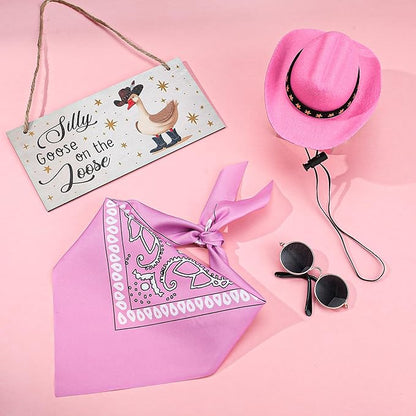 Western Cowboy Porch Goose Outfits, Lawn Cement Plastic Goose, Silly Goose on The Loose Wood Cowboy Hat Bandana Glasses (Pink)