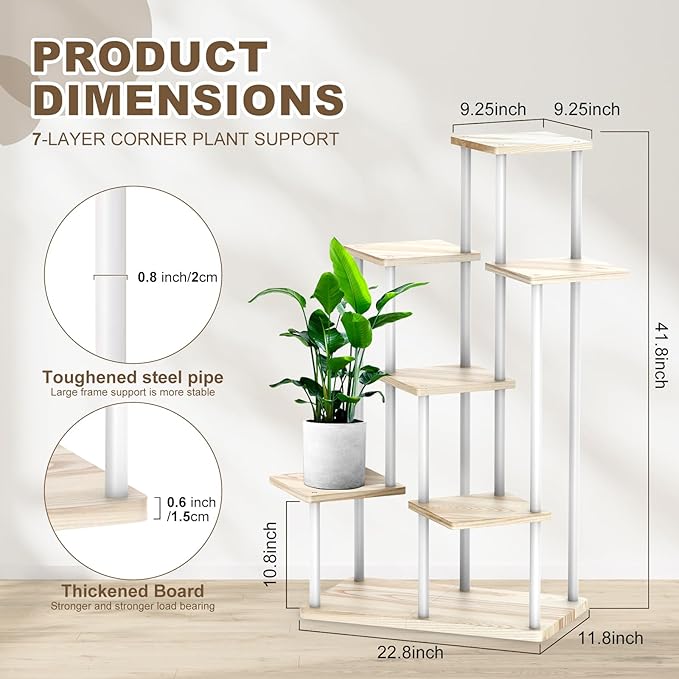 7 Tier Wood Tall Plant Stand Metal Rack Indoor, Multiple Flower Pot Holder Shelves Corner Rack, Planter Shelf Display Rack Storage Organizer for Patio Living Room Balcony Garden(White Oak)