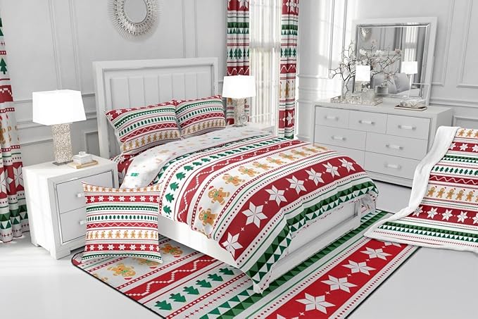 Feelyou Merry Christmas Bedding Set Soft for Boys Girls, Gingerbread Man Comforter Set Twin Size Duvet Quilt Microfiber Striped Bedroom Decor 2 Pcs with 1 Pillow Cases