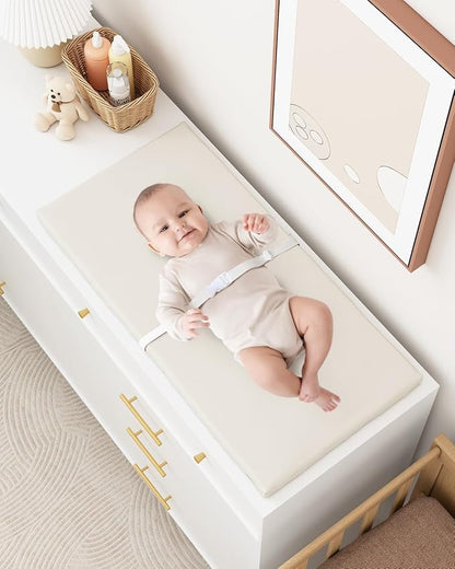 YACODAVO Wipeable Baby Changing Pad for Dresser and Table, Cozy Diaper Changing Pad with Waterproof & Wipe-Clean Leather Cover, Standard Size (31.5" L x 15.8" W), Off-White