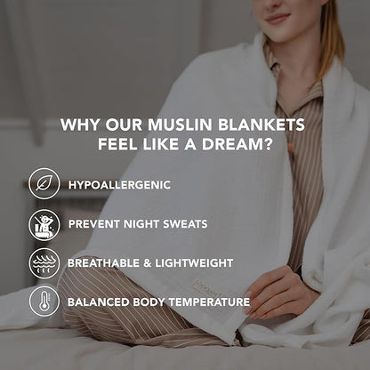 Goqan Muslin Blanket King Size 90x108 – 100% Cotton 4 Layer Boho Muslin Blanket for Adults, Lightweight, Soft, Breathable for Bed, Couch - White