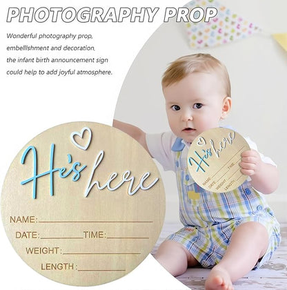 Baby Announcement Sign, 5.9 Inch Wooden Hello World Newborn Signs, Birth Announcement Sign, Gender Reveal Signs, He's here Decoration, Welcome Newborn Arrival To World, Hospital Nursery for Baby